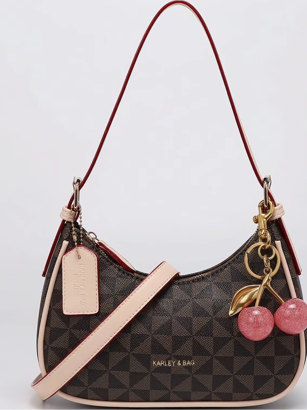 Brown Shoulder Bag with Pink Trim and Cherry Charm